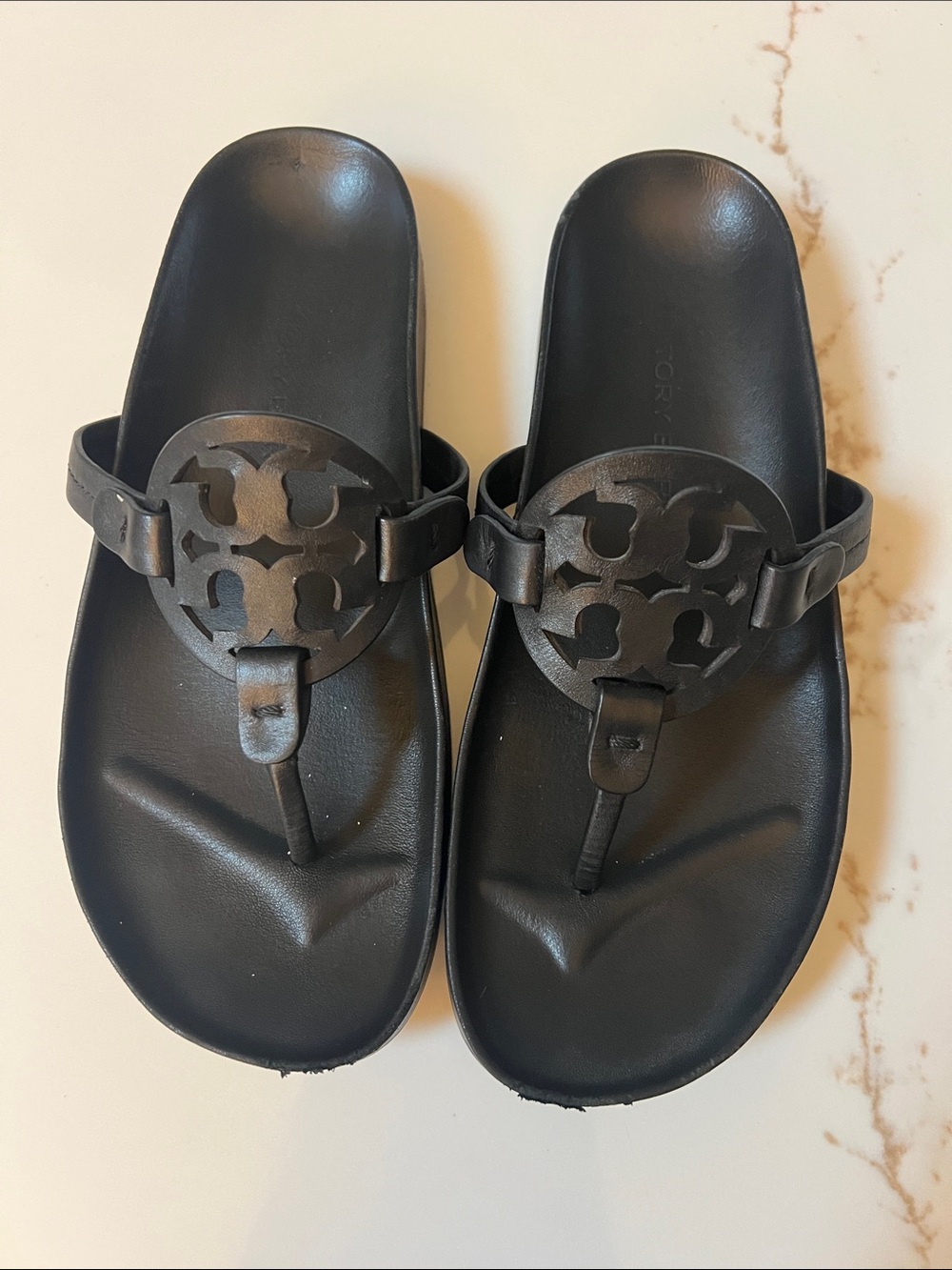 Tory Burch Black Leather Logo Thong Sandals